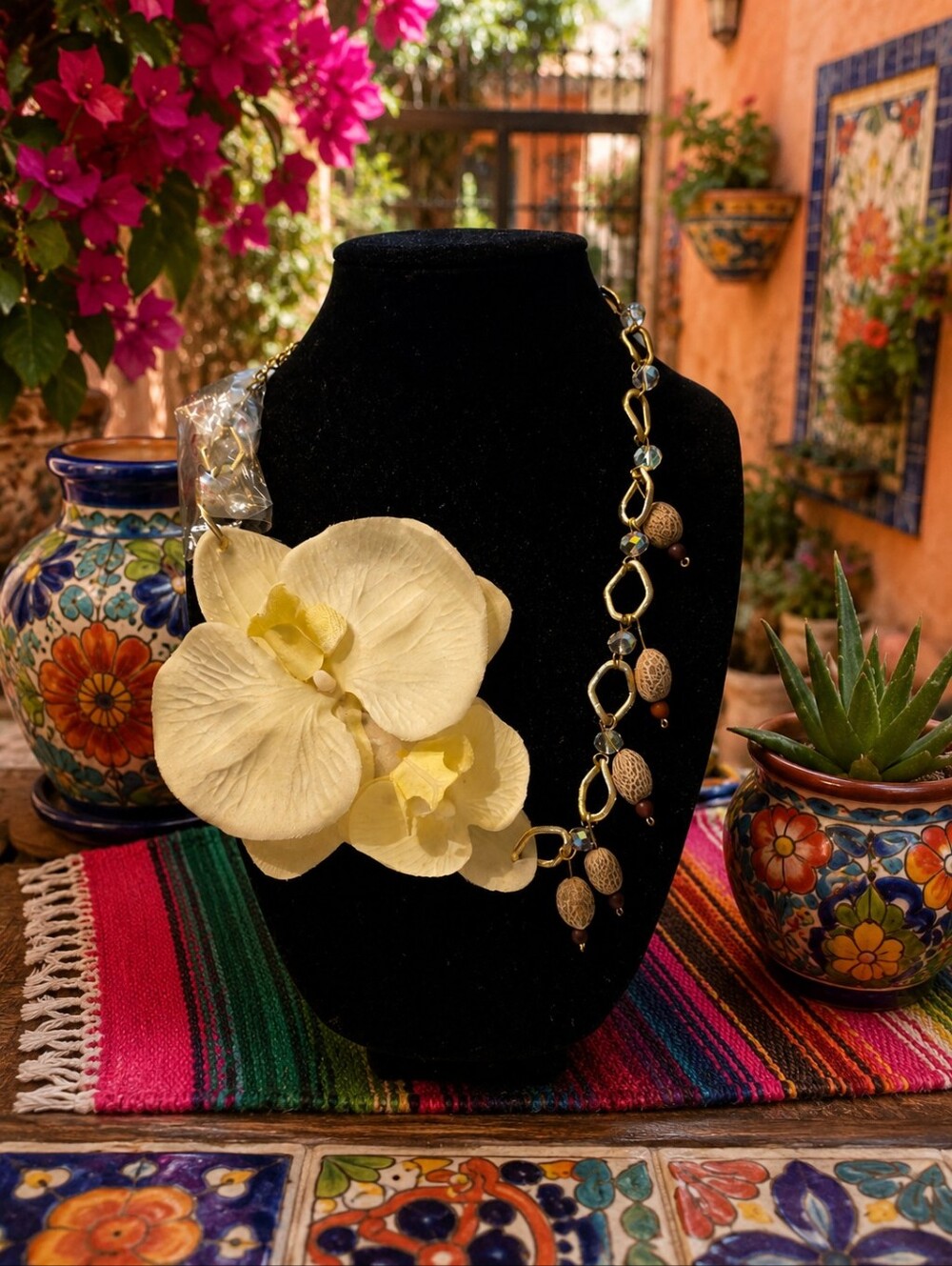 Floral Statement Necklace with Cream Orchid and Gold Chain